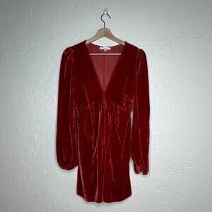 Lalavon Women's Orange Velour Velvet V-Neck Balloon Sleeve Mini Dress Small